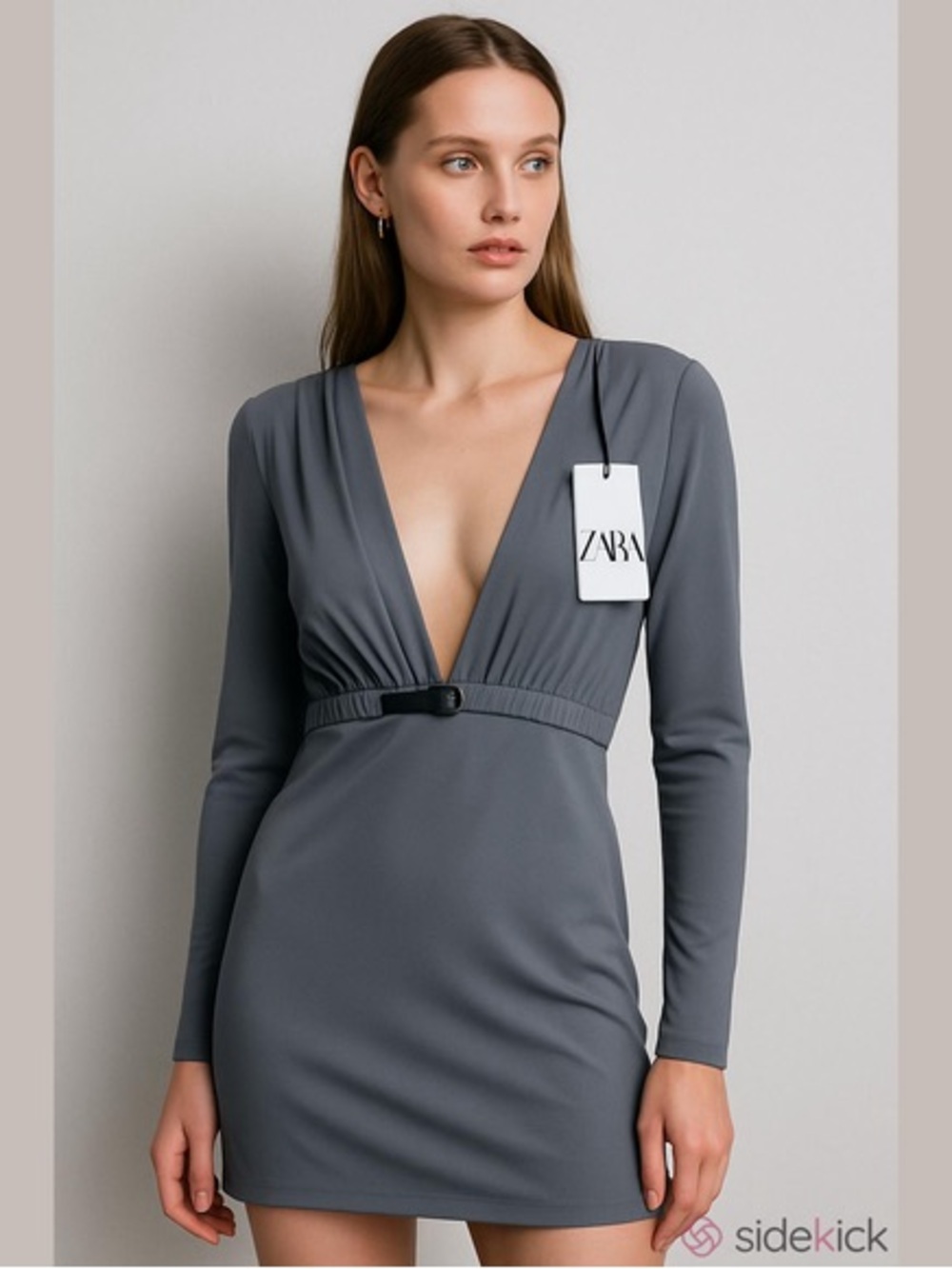 Zara Charcoal Deep V-Neck Long Sleeve Mini Dress
